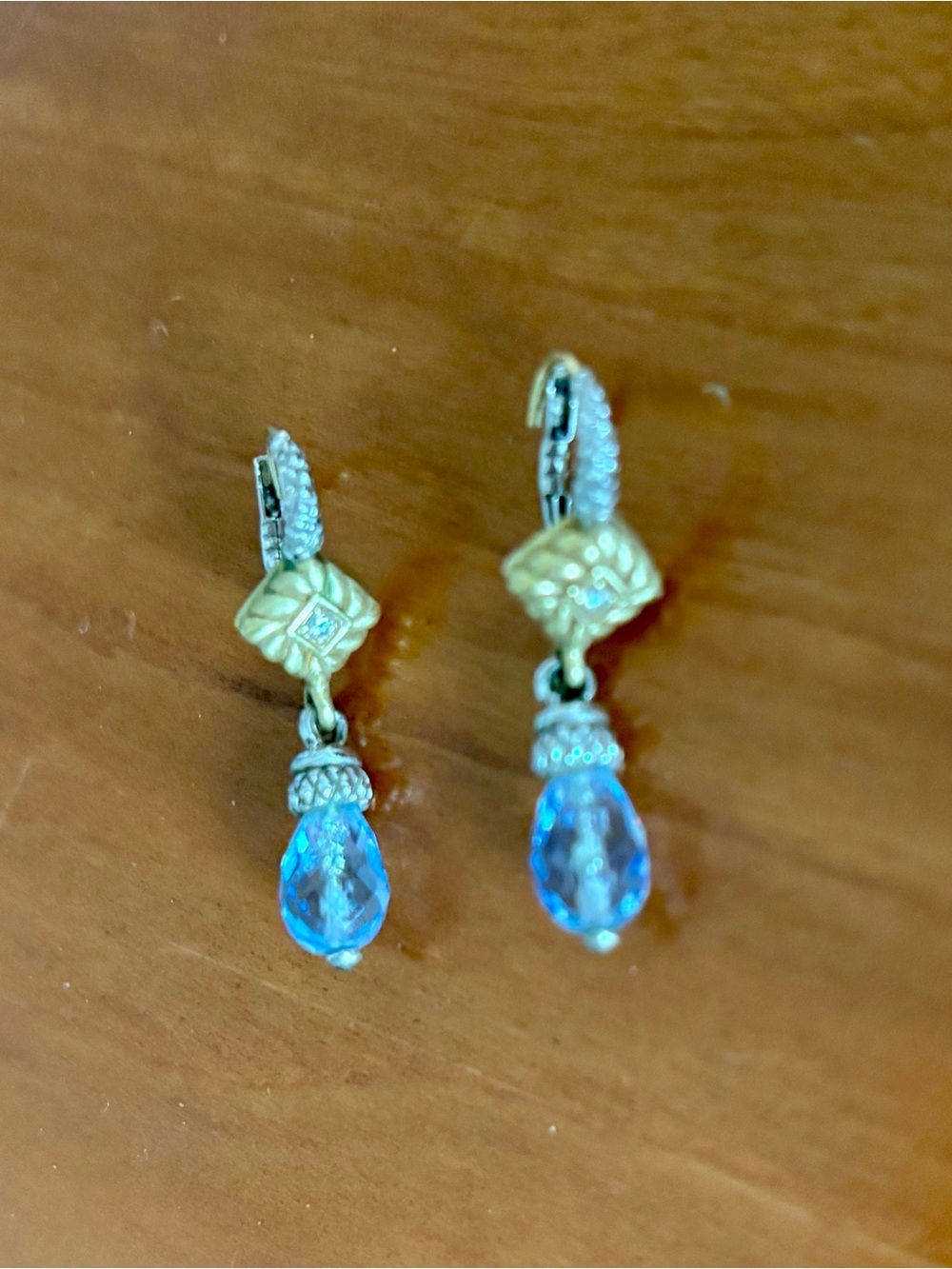 Judith Ripka purple Teardrop silver Earrings with diamonds and Gold Accents